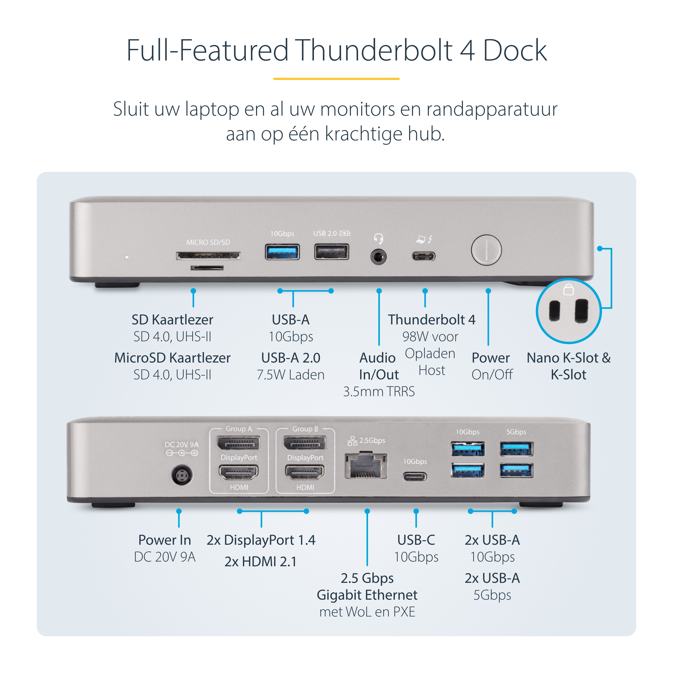 StarTech.com Thunderbolt 4 Multi-Monitor Docking Station, Quad/Triple/Dual Display Dock, 2x HDMI/2x DisplayPort, 7x USB Hub, 2.5Gb Ethernet, 98W Power Delivery - Afbeelding 2