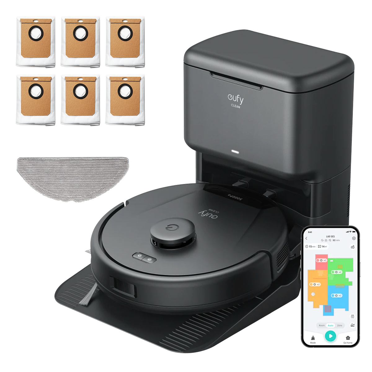 Eufy Clean L60 Hybrid SES + 60-Tage-Staubbeutel robotstofzuiger 0,29 l Zakloos Zwart